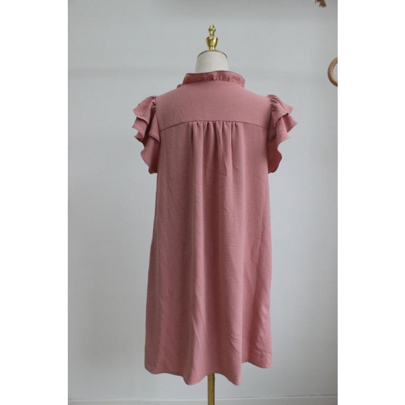 Fashion V-neck Ruffled Short-sleeved Dress Summer Solid Color Loose Shift Dress