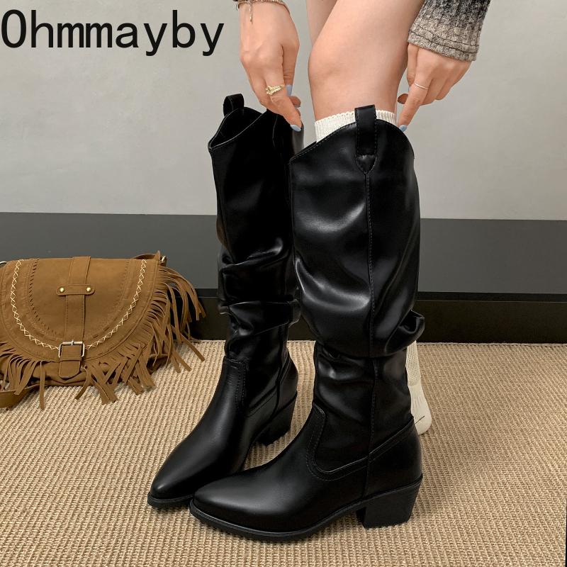 Winter Kuschelig Weiches Leder Plissierte Damen Kniehohe Stiefel Mode Dicke Absätze Partyschuhe Britischer Stil Ritter Lange Stiefeletten Schuhe