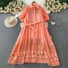 Summer Hollow Out Beaded Loose Chiffon Beach Dress Shirt Women's Puff Sleeve Lace Up Belt Holiday Party Long Robes Maxi Dress