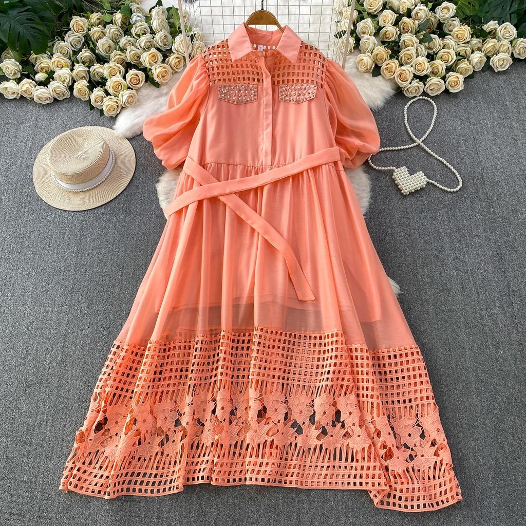 Summer Hollow Out Beaded Loose Chiffon Beach Dress Shirt Women's Puff Sleeve Lace Up Belt Holiday Party Long Robes Maxi Dress