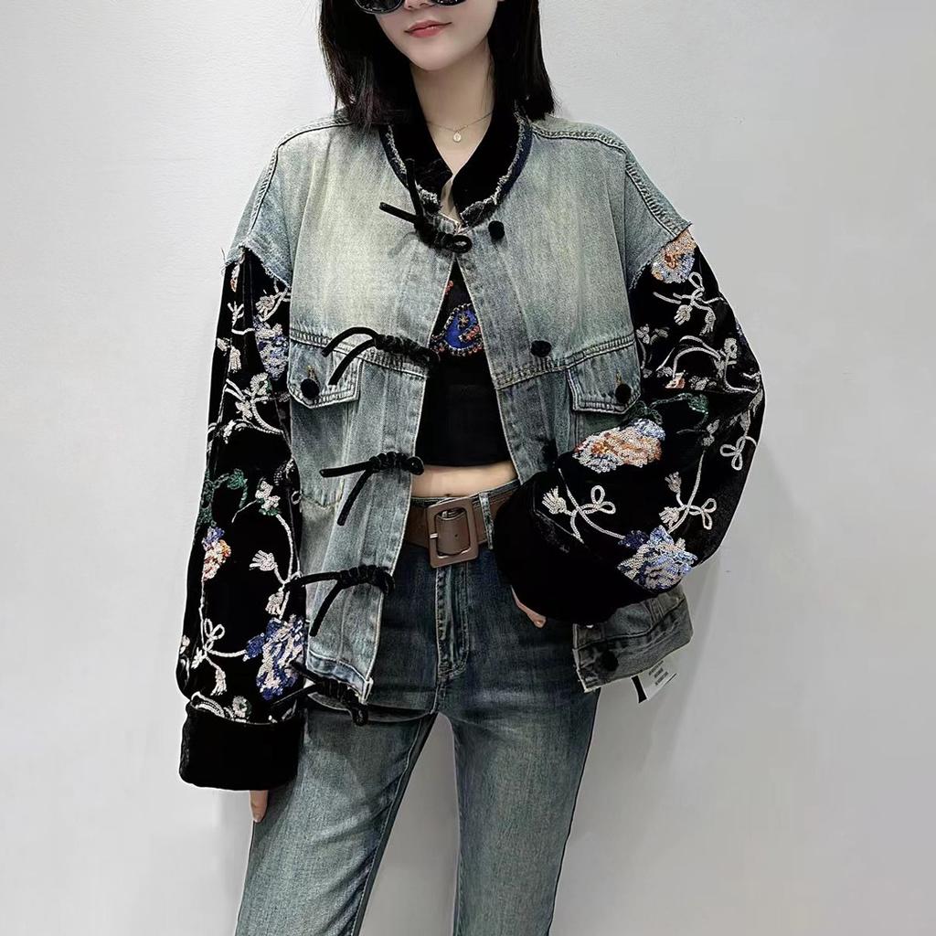 Autumn new splicing sequined velvet sleeves new Chinese style retro stand-up collar denim jacket top women