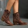 Western Cowboy Boots Women'S Suede Thick Heel Pointed Head V Mouth Thin Leopard Print Retro Medium Heel Short Martin Boots Women