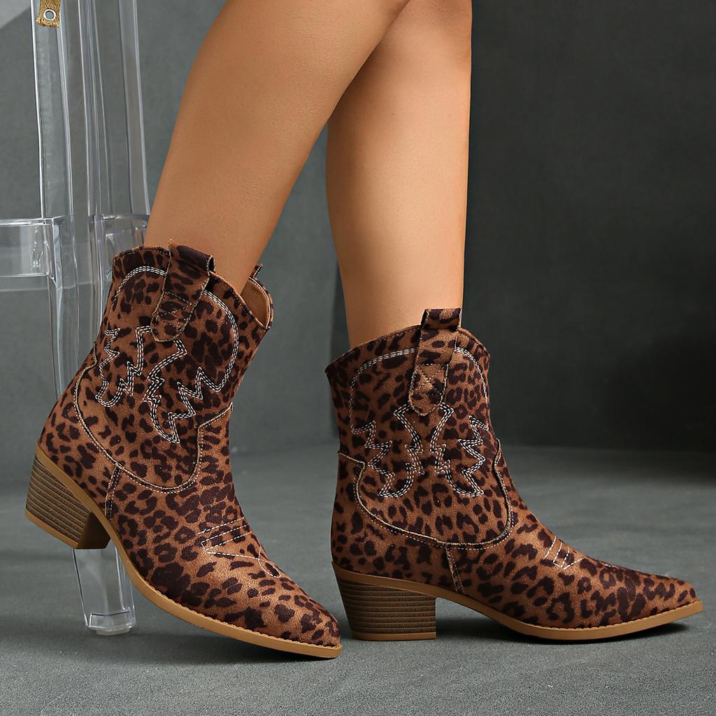 Western Cowboy Boots Women'S Suede Thick Heel Pointed Head V Mouth Thin Leopard Print Retro Medium Heel Short Martin Boots Women