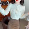 Fashion New 2024 Winter Long Sleeve Stand Collar Slim Apricot Velvet Lace Blouse Shirt Women Tops Blouses Shirts J803