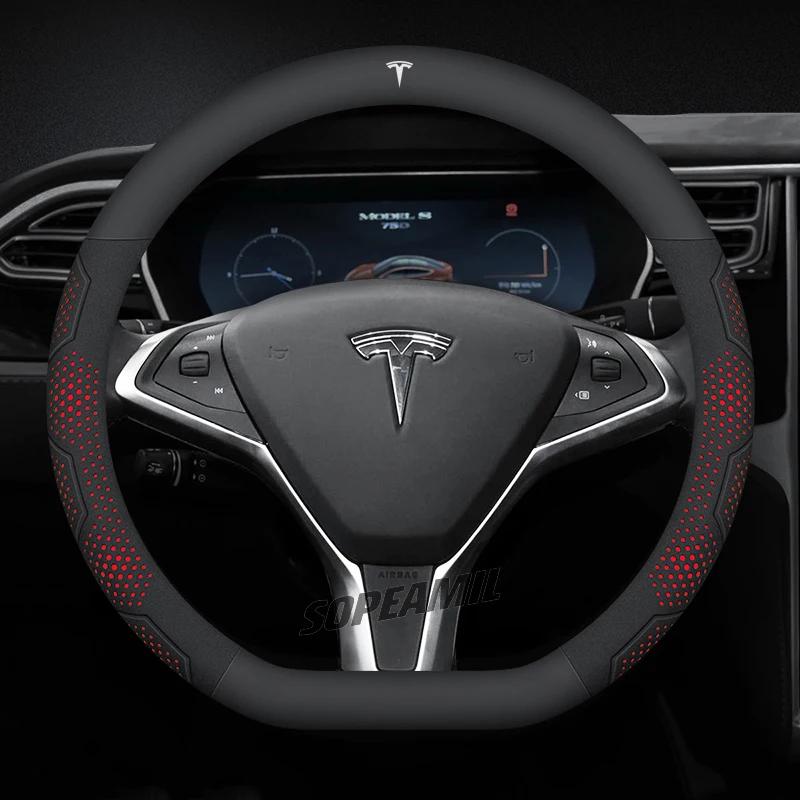 TDMC1 For Tesla Roadster Model 3 Model Y Model S Model X Car Leather Carbon Fiber Anti-Slip Protector Steering Wheel Cover Accessories