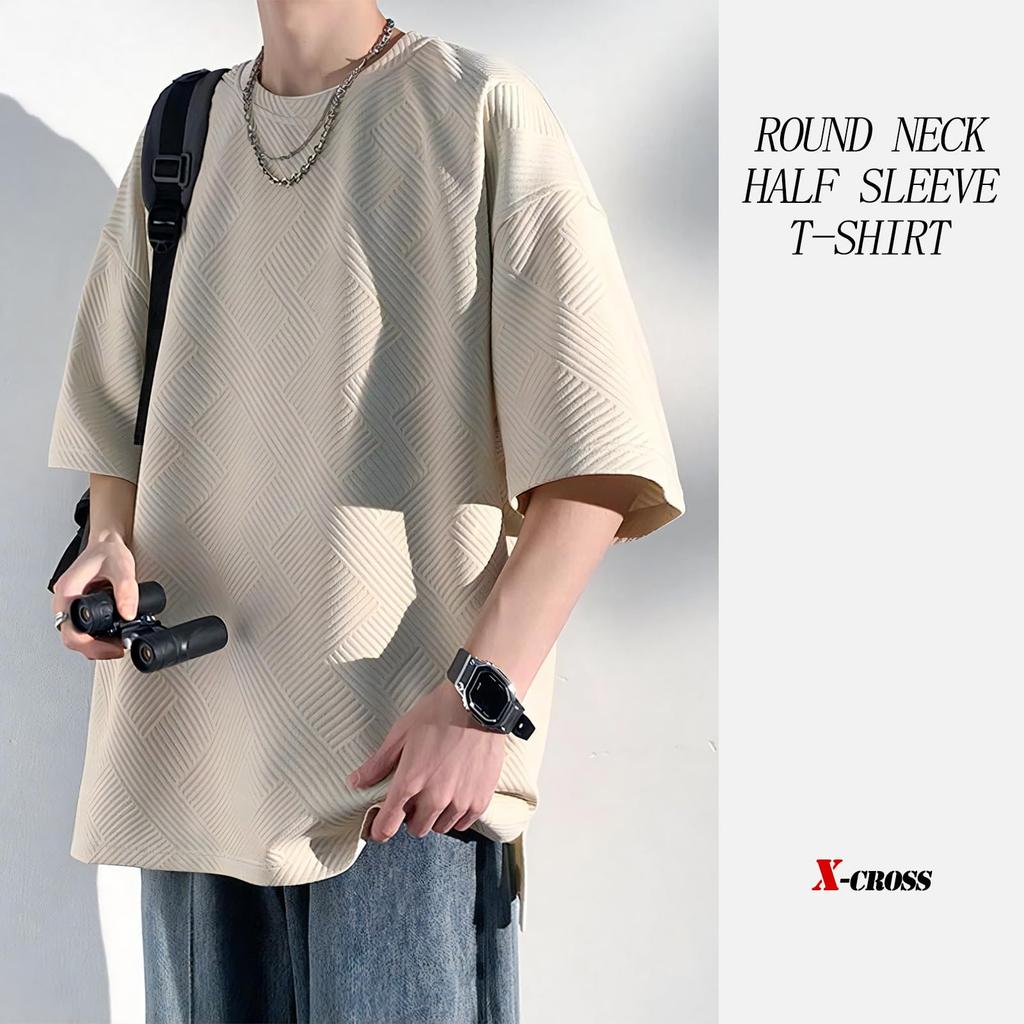 Oversized Short Loose Round Crew Big Korean Cool Short Simple X-cross Men's T-Shirt, Sleeve, Oversized, Solid, Opaque, Fit, 5/8 Sleeves, Polyester,