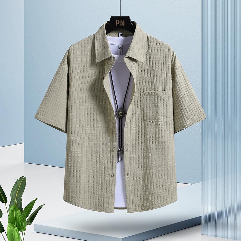 Wafelkowa Męska Koszula Krótki Rękaw Lato Duży Rozmiar Retro Casual Koszula z Kołnierzykiem