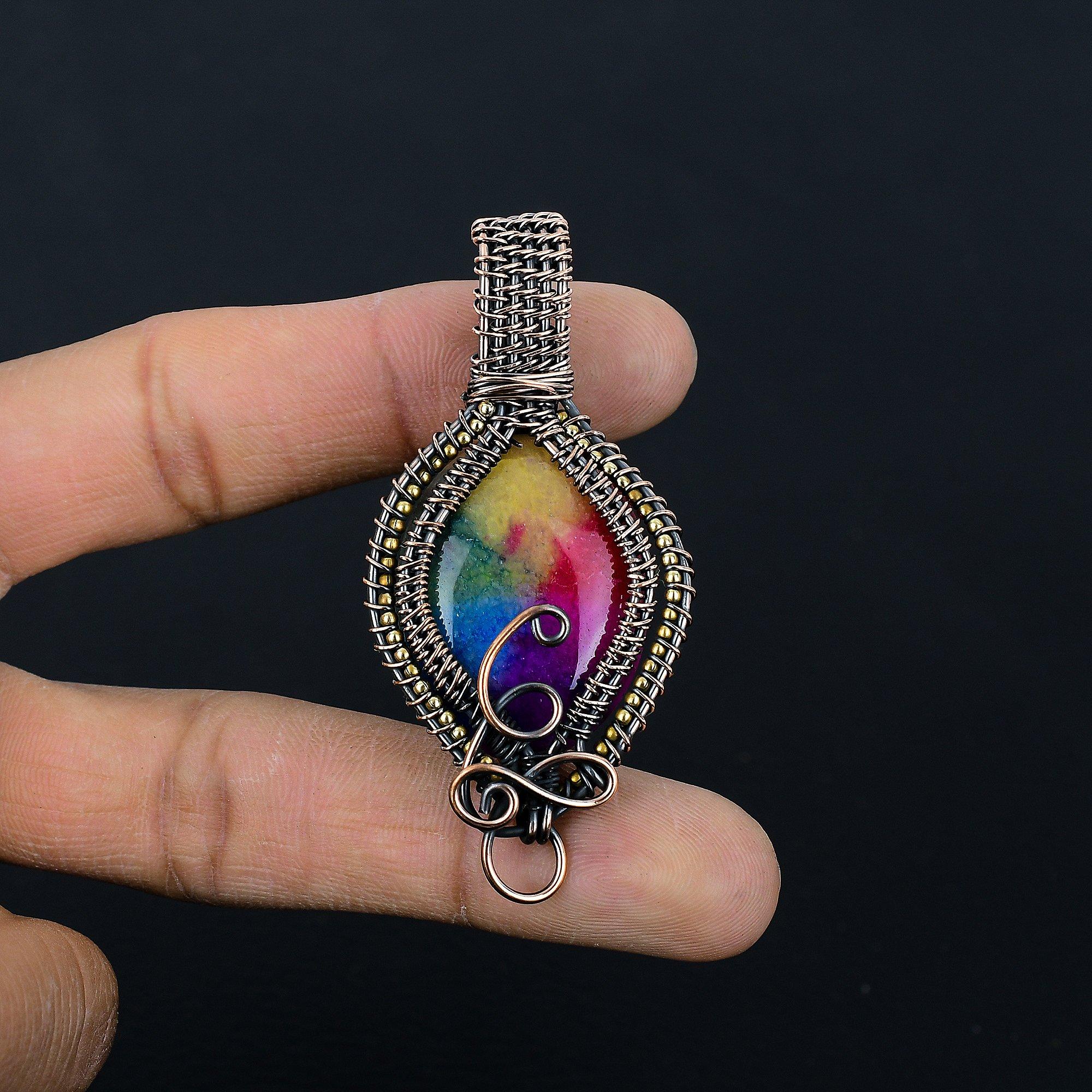 

Кулон из Радужного Солнечного Кварца, обернутый медной проволокой 999 пробы, Ювелирное изделие с подвеской из драгоценного камня ручной работы, Подарки для жены, Новая подвеска 2.55 Inches