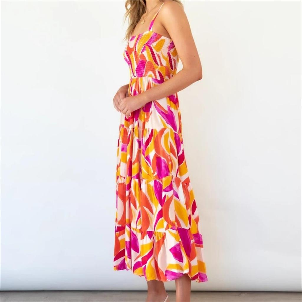 Casual Long Women Print Dress Boho Female Holiday Dress Summer Spaghetti Strap Ladies Beach Dress Vestidos 2024 New