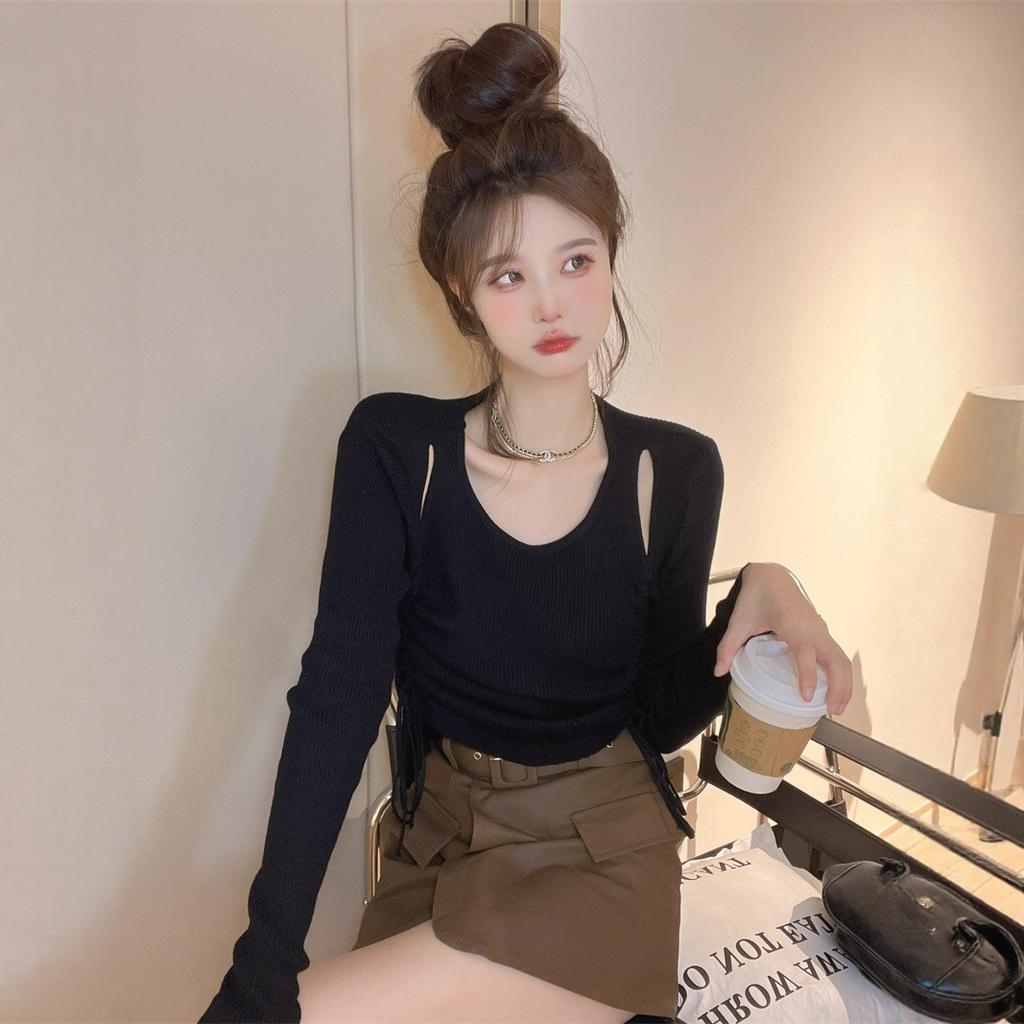 Knitted Sweater Women's Autumn Irregular Sweater Drawstring Sweater Short with Long Sleeves Unique