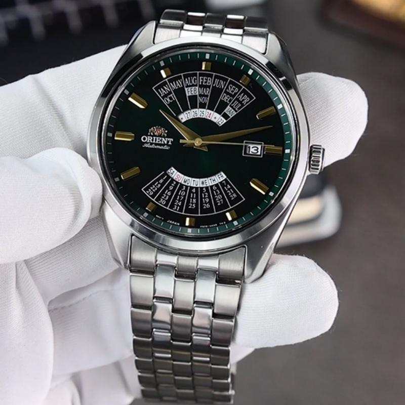 Men's Watch Fully Automatic Mechanical Watch Perpetual Calendar Large Dial Steel Belt Waterproof Casual Watch Steel Belt Green Dial RA-BA0002E10B