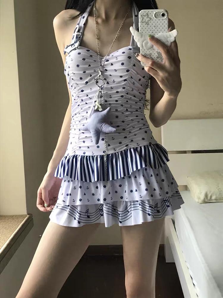 Costum de baie dintr-o piesă cu fustă, cu gât halter, pentru femei 2026 - Conservator, Spate deschis, Design cu buline, pentru Plajă și Băi Termale.