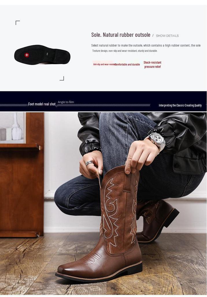Men's Size 48 Leather High-Top Boots - Retro Cowboy Style for Spring, Autumn, and Winter