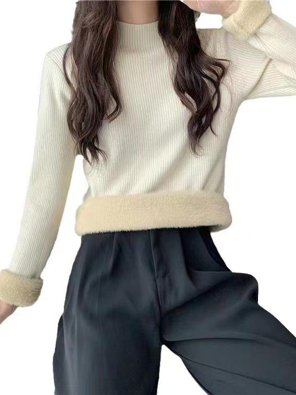 Women's Thick Velvet Half-High Collar Pullover: Slim Fit, Warm Autumn/Winter Knit Top