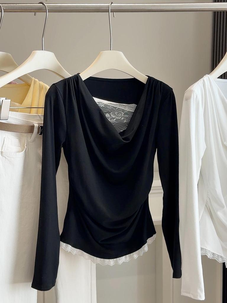 Spring Sweet Lace Patchwork One-Shoulder Slimming Long Sleeve T-Shirt Top