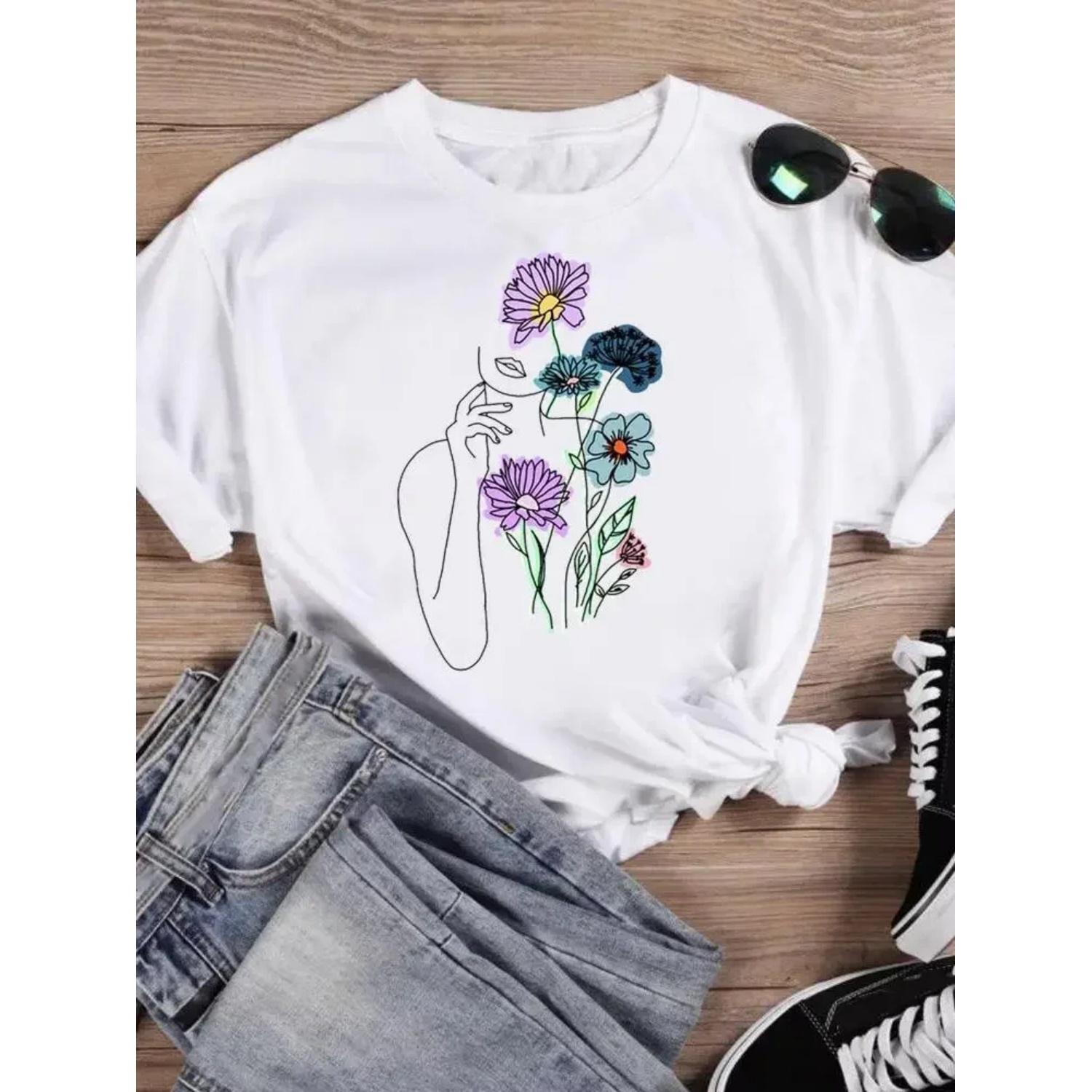 Casual Top Watercolor Flower Fashion Print Tshirts Cartoon Short Sleeve T Shirt Summer Women Female Graphic Tee T-Shirt S