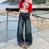 American Retro Blue Wide Leg Denim Female 2025 Summer New High Waist Slim Looking Line Drape Baggy Straight Trousers