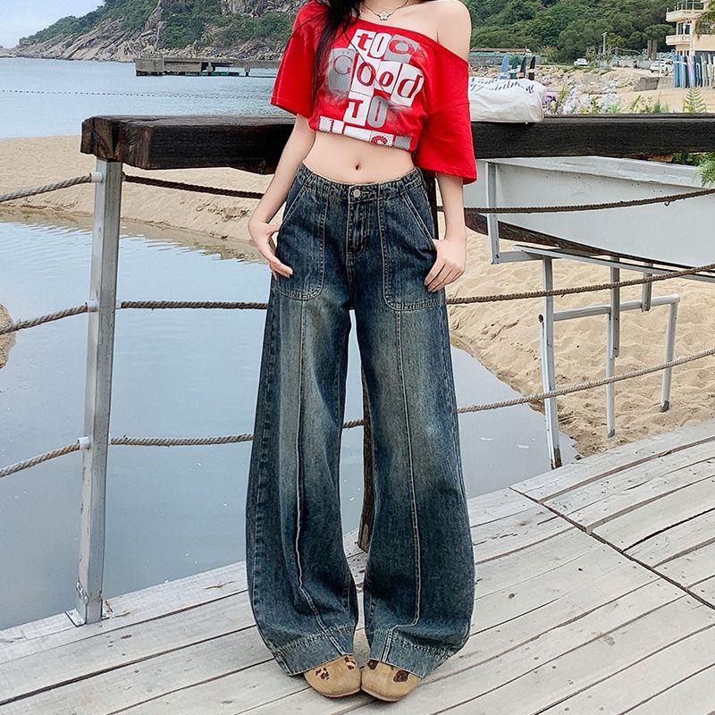 American Retro Blue Wide Leg Denim Female 2025 Summer New High Waist Slim Looking Line Drape Baggy Straight Trousers