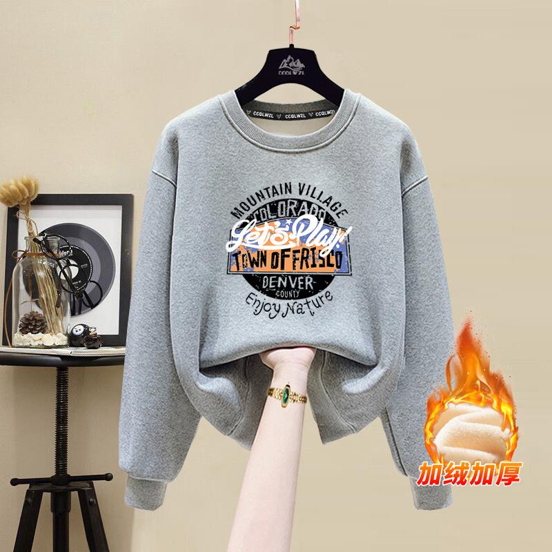 Factory wholesale pure cotton sweater women's new winter velvet thickened round neck loose letter t-shirt