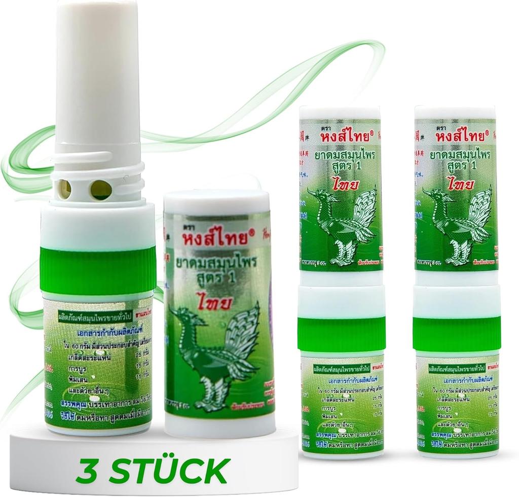 Hong Thai – Set of 3 Nasal Inhalers with Essential Oils – Natural Menthol Aroma – Anti-Congestion Scent Sticks from Thailand