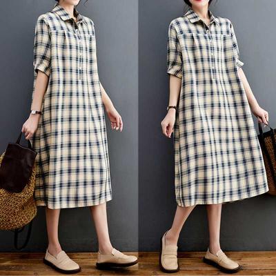 Women's New Loose Checkered Mid Length Spliced Short Sleeved Dress