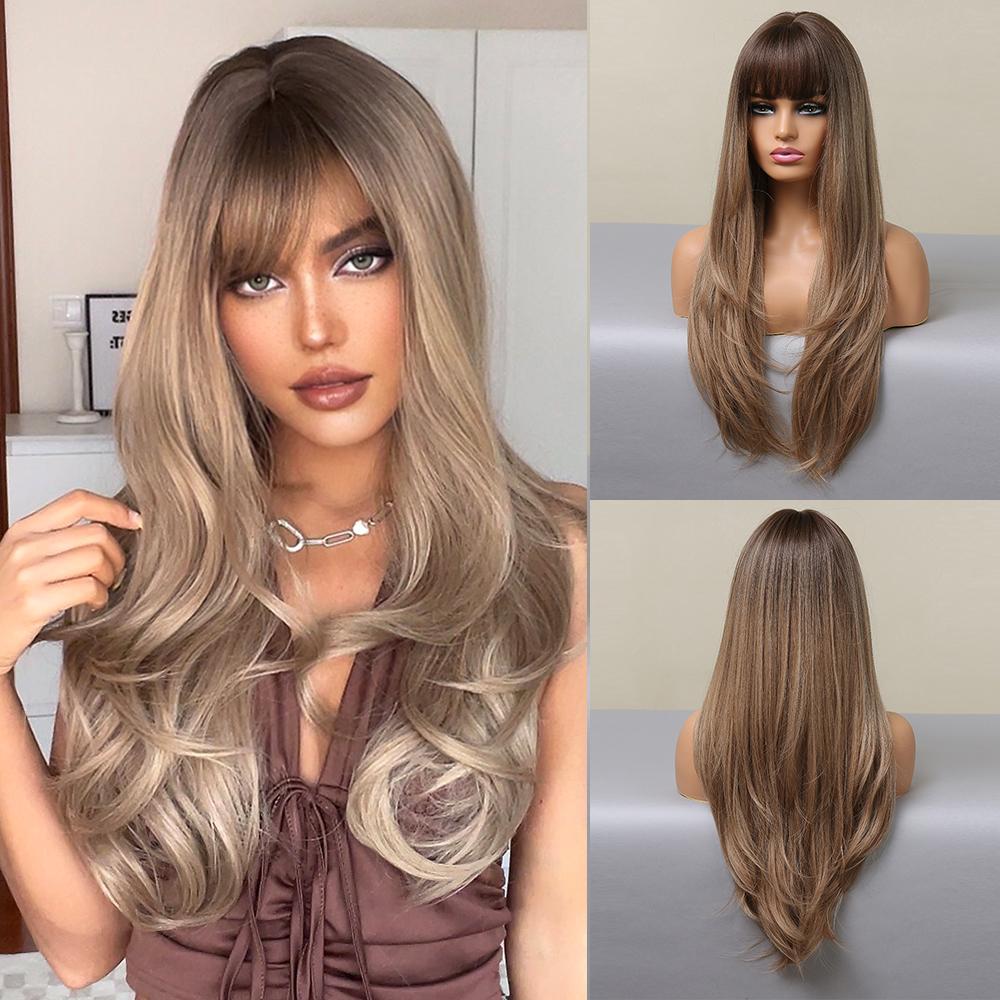 Long Straight Synthetic Wig with Bangs Dark Black Gray Hair Wigs for Women Cosplay Natural Hair Heat Resistant Layered Wigs