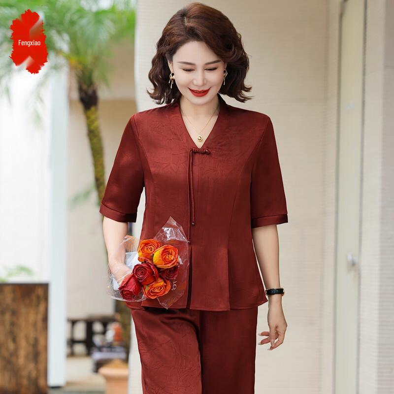 Mid-Aged Women s Fashion Summer Two-Piece Set 2XL