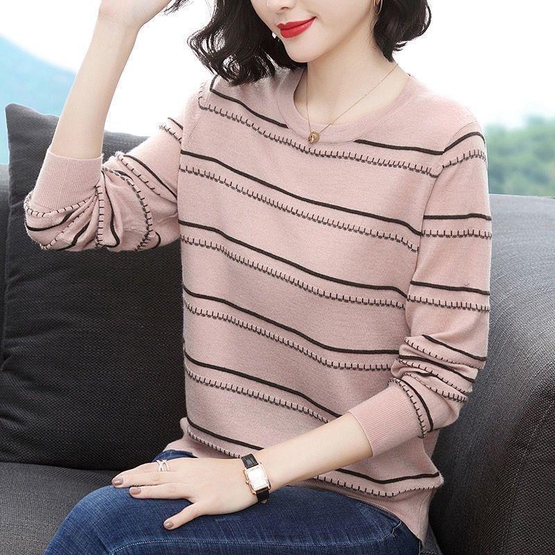 Women's Round Neck Sweater Thin Loose Loose Spring New Long-sleeved Sweater Middle-aged Mother's Casual Top