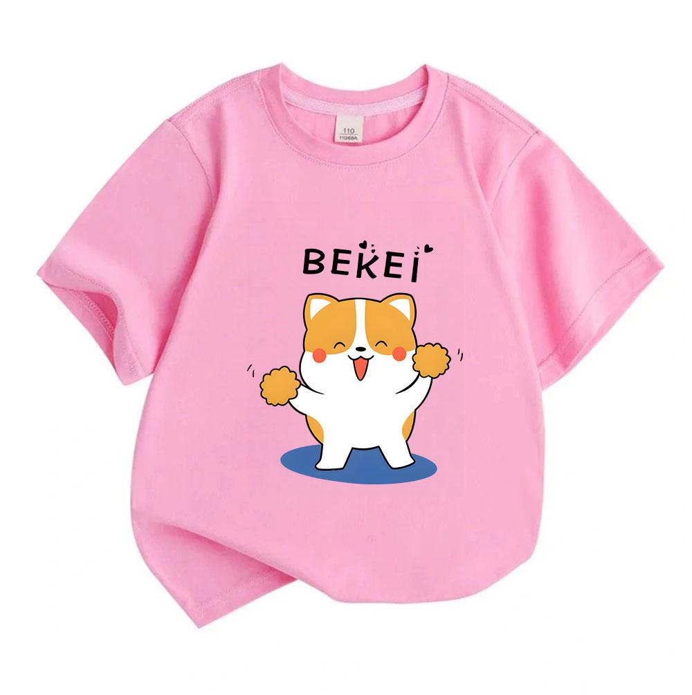 Cute Cheering Corgi Graphic Kids 100% Cotton T-Shirt, Unisex Boys Girls Round Neck Short Sleeve Casual Soft Tee for Daily Wear Cheerful Animal Pattern