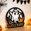Rustic Pumpkin Door Decor Halloween Ghost Round Wooden Welcome Hanger Wall Plaque Tiered Tray Ornaments with Rope Hanging for Front Living