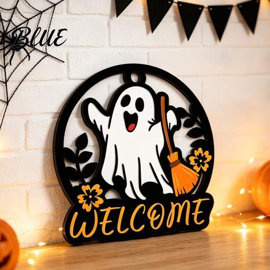 Rustic Pumpkin Door Decor Halloween Ghost Round Wooden Welcome Hanger Wall Plaque Tiered Tray Ornaments with Rope Hanging for Front Living