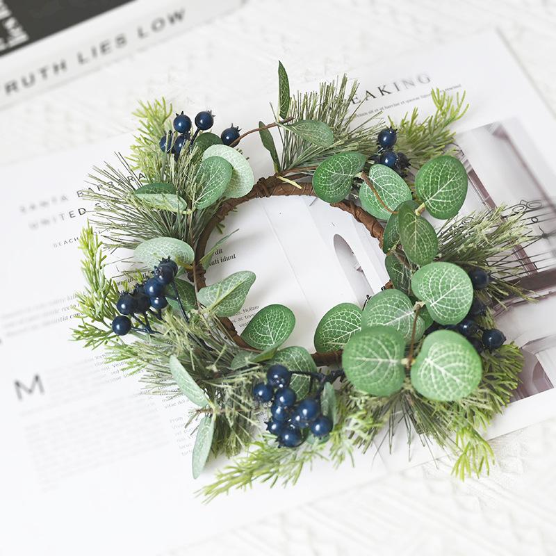 Christmas Wishing Candlestick Wreath Simulation Blueberry Berry Pine Needle Candle Wreath Eucalyptus Wax Ring Decoration