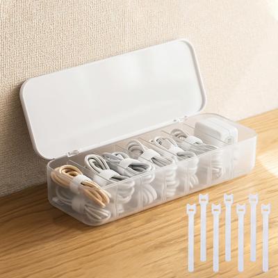 FRETONBA Cable Storage Box with 7 Cord Storage Small Item Charger Removable 7 Cable Ties Desktop Home Office Organize Small Stationery Items