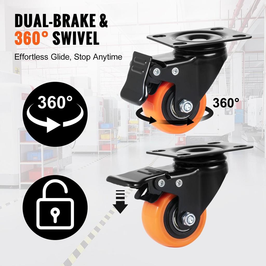 Caster Wheels, 2-inch Swivel Plate Casters, Set of 4, with Security Dual Locking No Noise PVC Wheels, Heavy Duty 150 lbs Load Capacity Per Caster,