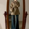 Stylish Retro Khaki Wool Coat with Stand-Up Collar - Women's Autumn/Winter Waist-Cinching Design
