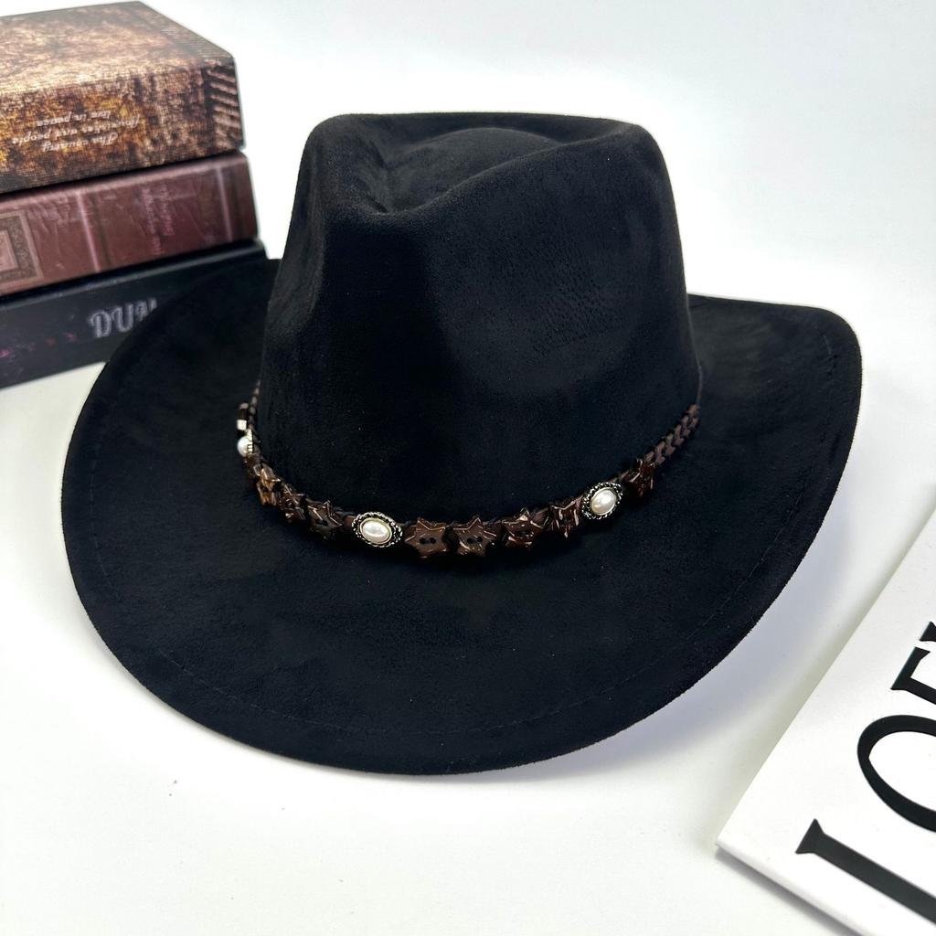 Western Cowboy Hat Women'S Wool British Suede Pearl Accessories Peach Heart Top Hat