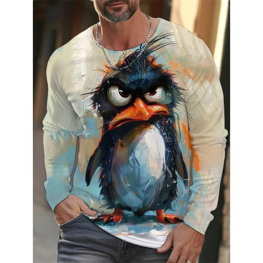Spring Autumn Fashion Comfortable Loose Soft Casual Versatile Round Neck Long Sleeve T-shirt Creative Fun Animal Geometry 3D Printed Men's T-shirt