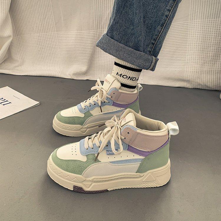 High-Top Board Shoe Women's  Autumn and Winter New Rubber Soft Bottom Leather Color Matching Fashion Women's Casual Sneaker Mixed Batch