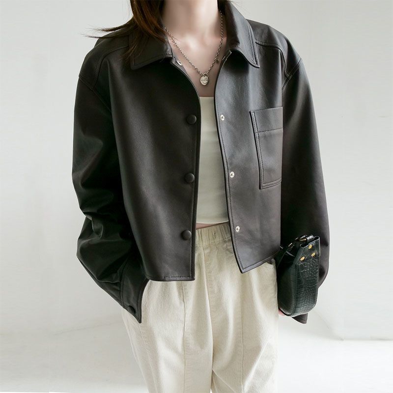 

Spring and Autumn New Hong Kong Style Leisure Leather Jacket Female Loose PU Leather Jacket Student Motorcycle Short Leather Jacket S чорний