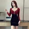 Women's Velvet Long Sleeve Bodycon Dress - Sexy Low-Cut Mini Skirt for Autumn/Winter Nightclub or Work Events