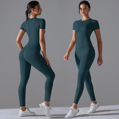 New Nude Tight Fitting Short Sleeved Yoga Suit Set, High Waist, Hip Lifting, Quick Drying, Running, Fitness, Two-Piece Set For Women