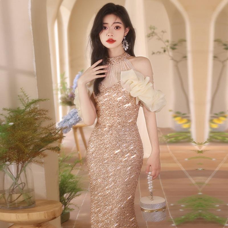 Golden Evening Dress New Celebrity French Sequin Waist Fishtail Dress Toast Dress Banquet Art Test Dress Dress