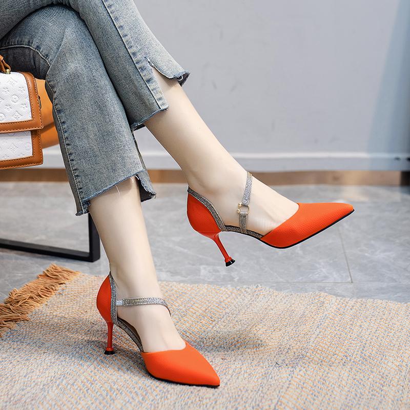 Fashion Mix Color Ankle Strap High Heels Shoes Women Pu Leather Thin Heeled Pumps Woman 2025 New Shining Patchwork Party Shoes
