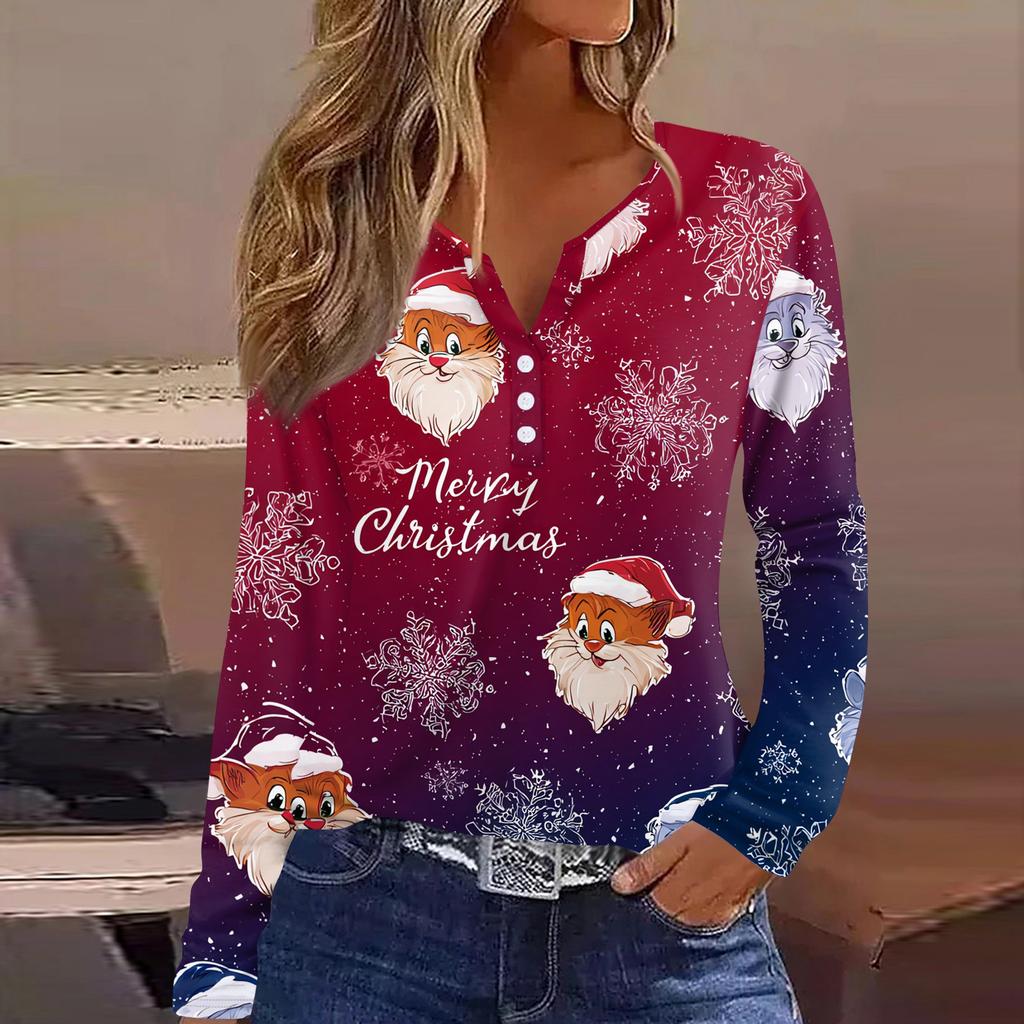 Women's T Shirt Tee Christmas Printed Button Long Sleeve Tunic Daily Weekend Fashion Basic V- Neck Regular Top