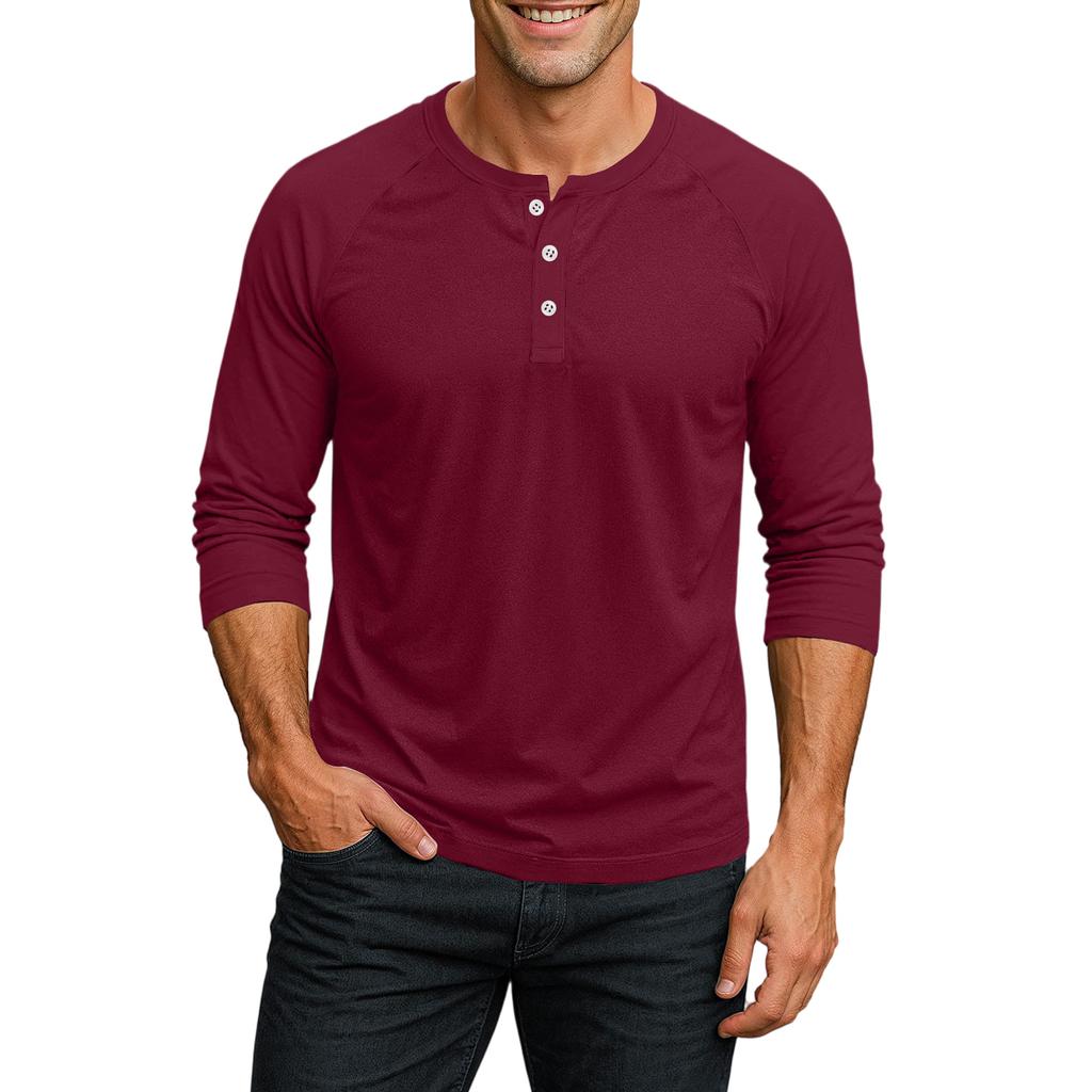 Men's Henley Neck Raglan Sleeve Three Quarter Length Shirt Button Placket Casual Lightweight Soft Fabric Top