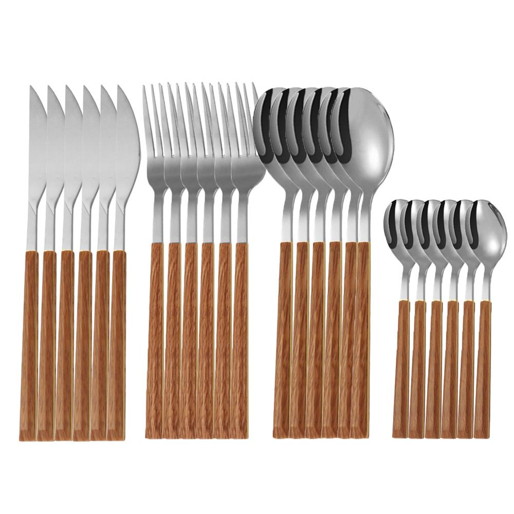 16/24/30Pcs Stainless Steel Imitation Wooden Handle Cutlery Set Silver Dinnerware Knife Spoon Fork Tableware Set