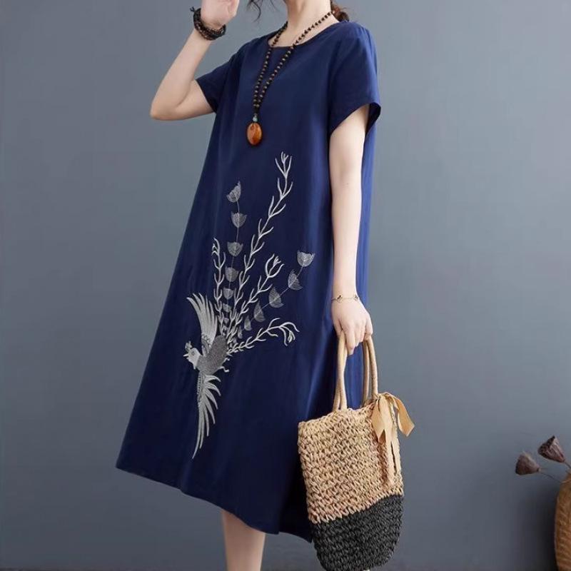 Embroidered A-line Short Sleeve Retro Dress - 2026 Summer Plus Size Loose Fit