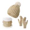 3Pcs/Set Winter Knitted Scarf Gloves Set Pom Pom Ball Fleece Lining Brimless Hat Touchscreen Gloves Neck Warmer Set