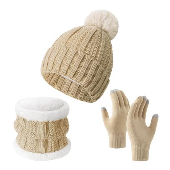 3Pcs/Set Winter Knitted Scarf Gloves Set Pom Pom Ball Fleece Lining Brimless Hat Touchscreen Gloves Neck Warmer Set