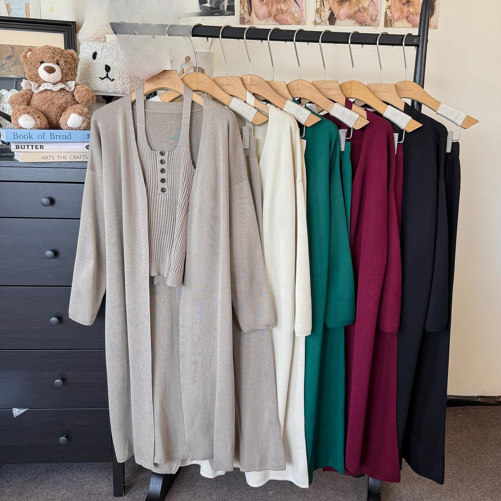 Autumn and Winter New Slim-fit and Thin Knitted Cardigan Sling Vest Wide-leg Pants Knitted Three-piece Set